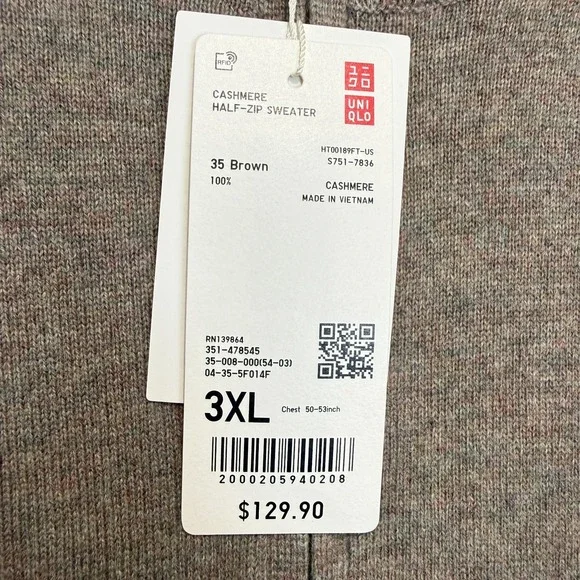 Uniqlo 100% Cashmere Sweater Mens 3XL Quarter Zip Soft Mock Neck Ribbed Hem NEW
